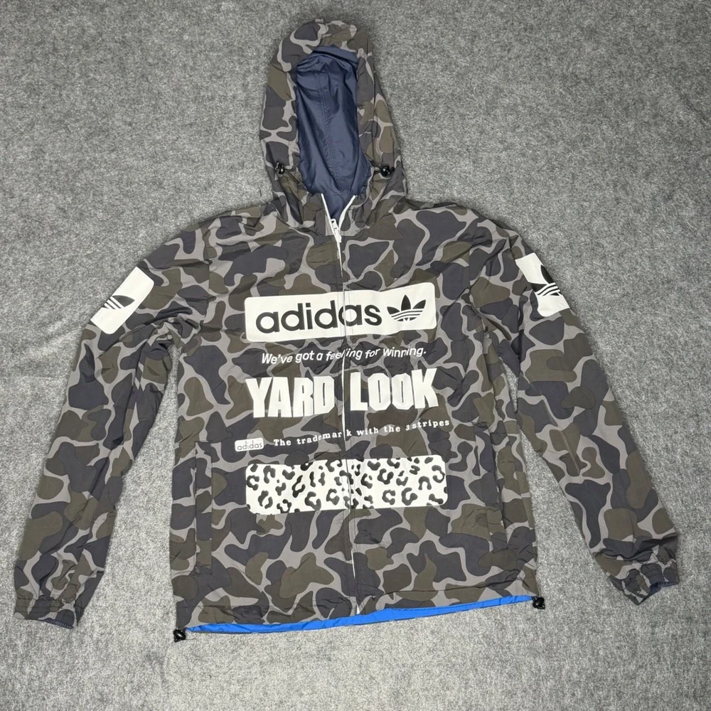 Adidas Reversible Windbreaker Jacket Mens Camo‎ Yard Look Blue Hooded Full Zip